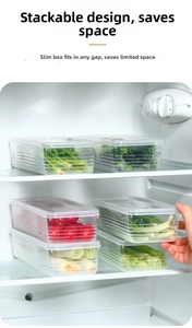 Stackable transparent plastic containers for vegetable storage in a refrigerator shelf