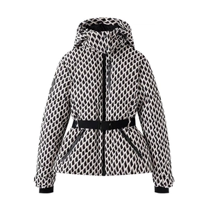Detail of hooded padded puffer jacket with geometric diamond pattern and waist belt