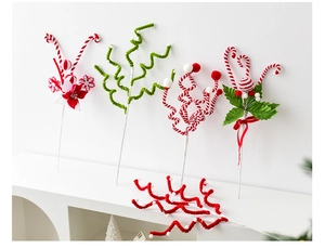 Christmas tree decoration set with red and white striped plush balls and holly leaf picks