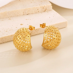 Hollow Mesh Woven Dome Stud Earrings Gold Plated Stainless Steel Geometric Jewelry For Women Fashion Accessory