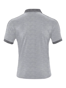 Rear view of men's casual grey polo shirt showing textured fabric and dark contrast trim