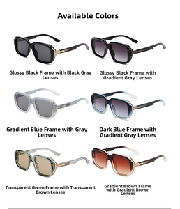 Detail view of square pilot sunglasses in six assorted frame and lens color variations