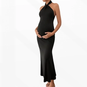 Elegant black halter neck maternity maxi dress with slim fit design for summer vacations