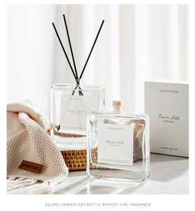 Detail of 120ml square glass reed diffuser set with elegant gift box and natural fragrance
