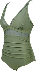 Detail of olive green one-piece swimsuit featuring mesh panels and ruched belly control