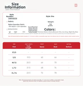 Size chart and fabric details for women's naked-feel yoga set including sport bra sizing