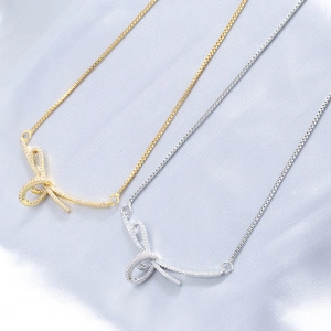 Bow Ribbon Knot Pendant Necklace Copper With Cubic Zirconia Box Chain Elegant Fashion Jewelry For Women
