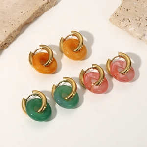 Retro 18K gold plated titanium steel hoop earrings with colorful natural stone resin charms