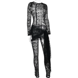 Detailed front view of black lace jumpsuit with waist tie on a transparent mannequin