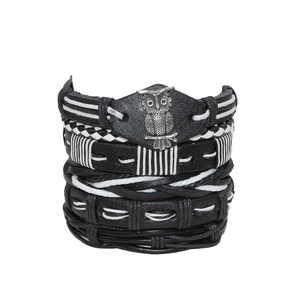 Vintage 5-piece multilayer braided leather bracelet set with owl charm in black and white