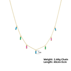 Detail view of gold necklace with rainbow zircon pendants including dimensions and weight