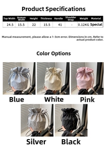 Size specifications table for drawstring bucket bag with color options and dimensions
