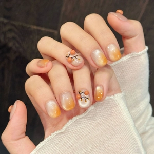 Press On Nails Handmade Cat Eye Effect 3D Persimmon Relief Gradient Orange Cream Vintage Ins Style Oval Squoval