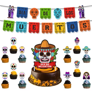 Detailed set of Día de Muertos party decorations with colorful sugar skull banners and toppers