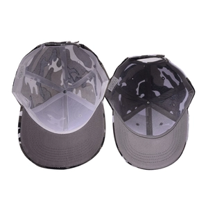 Internal view of camouflage baseball cap showing 100% polyester material and stitching