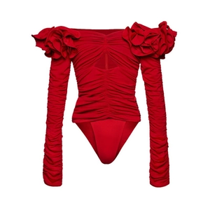 Roter Einteiler Badeanzug mit 3D Blumen Rüschen und langen Ärmeln im Cut-out Design