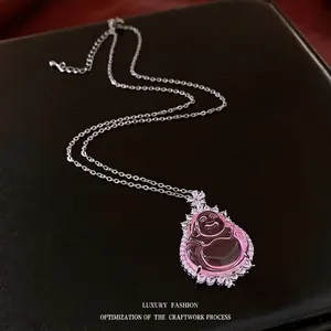 Luxury New Chinese style silver Buddha pendant necklace with pink stone and zircon frame