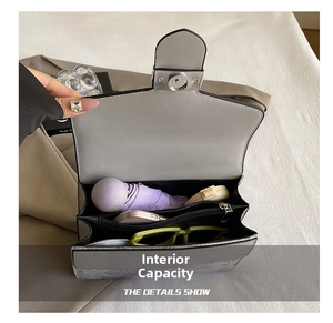 Detail view of the spacious inner compartments of the grey chain shoulder bag