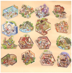 Macro view of 16 themed mini cartoon sticker sheets for scrapbooking and decoration