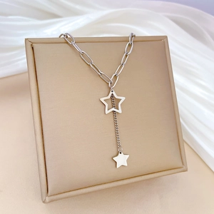 Detailed view of silver titanium steel paperclip chain with dangling star pendants