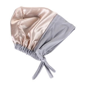 Champagne and grey satin bonnet sleep cap with adjustable tie straps for hair care