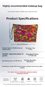 Detailed chart of colorful geometric makeup bag showing size specifications and material texture