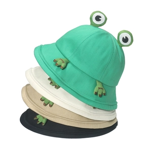 Cute Cartoon Frog Bucket Hat Polyester Canvas 3D Eyes Good Embroidery Sun Protection Summer Outdoor Cap For Women Girls