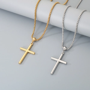 Polished stainless steel cross necklaces in gold and silver with square box chains