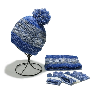 Kids winter knit 3-piece set with blue and grey striped beanie scarf and gloves