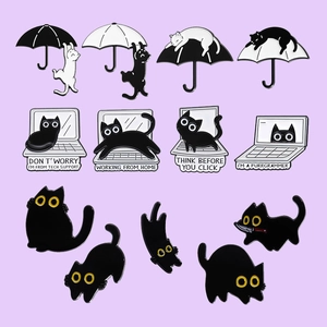 Cartoon black cat enamel pin set with funny tech support and programmer themes