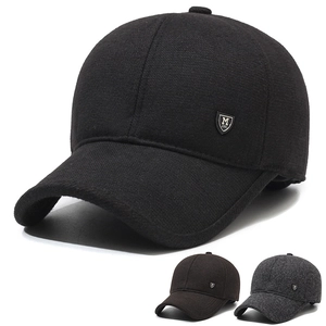 Men Winter Woolen Baseball Cap With Ear Flaps Warm Windproof Outdoor Hat Metal Shield Decor Classic Sporty Accessory