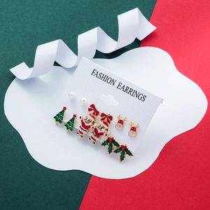 6-pair Christmas stud earrings set featuring Santa, tree, and reindeer in festive enamel