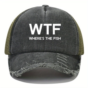 Detail of distressed grey baseball cap with green mesh and WTF FISH print