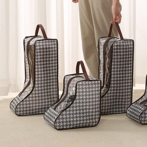 Houndstooth shoe storage bags with clear PVC windows and portable handles for boots