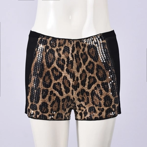 Detailed view of leopard print sequins and mesh stitching on women's stretch shorts