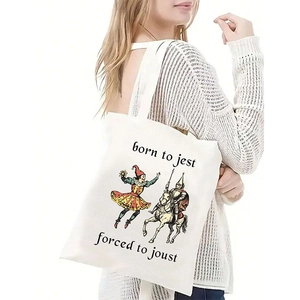 Detail of white canvas tote bag featuring medieval knight illustration and slogan