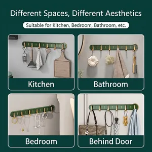 Green and gold wall-mounted multi-hook rack for bathroom and kitchen organization