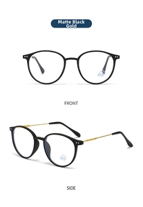 Front and side view of ultra-light anti-blue light glasses in matte black and gold