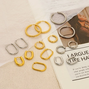 Stainless Steel Hoop Earrings For Women 18K Gold Plated Geometric Round Oval Textured Minimalist Fashion Jewelry