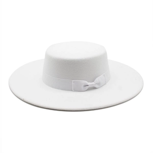 Elegant white flat top wool felt fedora hat with wide brim and matching ribbon bow detail