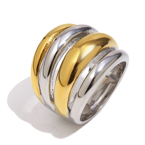 Minimalist multi-layer two-tone stainless steel ring with gold and silver curved bands