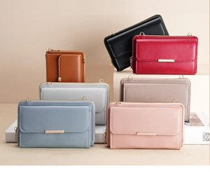 Detailed display of colorful crossbody phone purses with premium leather texture and gold hardware