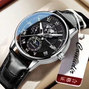 Business men's watch with black leather strap and multi-function silver case dial