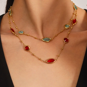 French vintage gold double layer necklace with colorful crystals and zircon stones