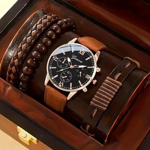 Men's business quartz watch set with brown leather strap and three woven bracelets