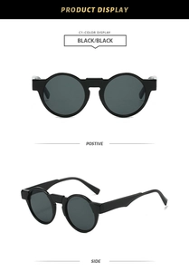 Front and side view of retro round black sunglasses with glossy plastic finish
