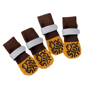 Non-slip waterproof pet leg warmers for dogs with reflective straps in brown and yellow