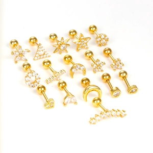 Detailed set of gold stainless steel cartilage studs with cubic zirconia in various shapes