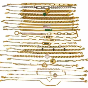 Chic 18K gold plated titanium steel Cuban chain bracelets with zircon and pearl charms