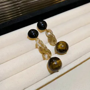 Vintage style long drop earrings with amber chain and faux tiger eye stone beads